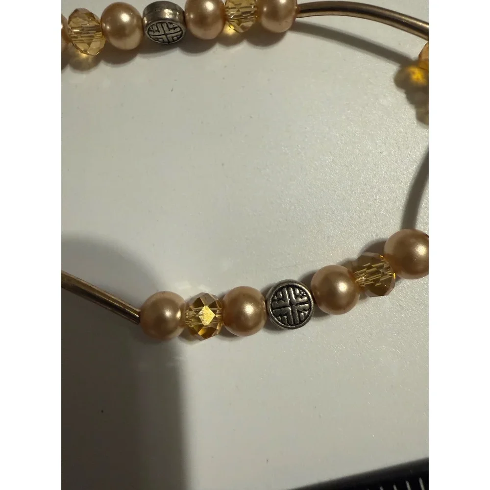 Set of 2 Evil Eye Cross Beaded Bracelets Gold Tone Champagne Pearl Amber Crystal